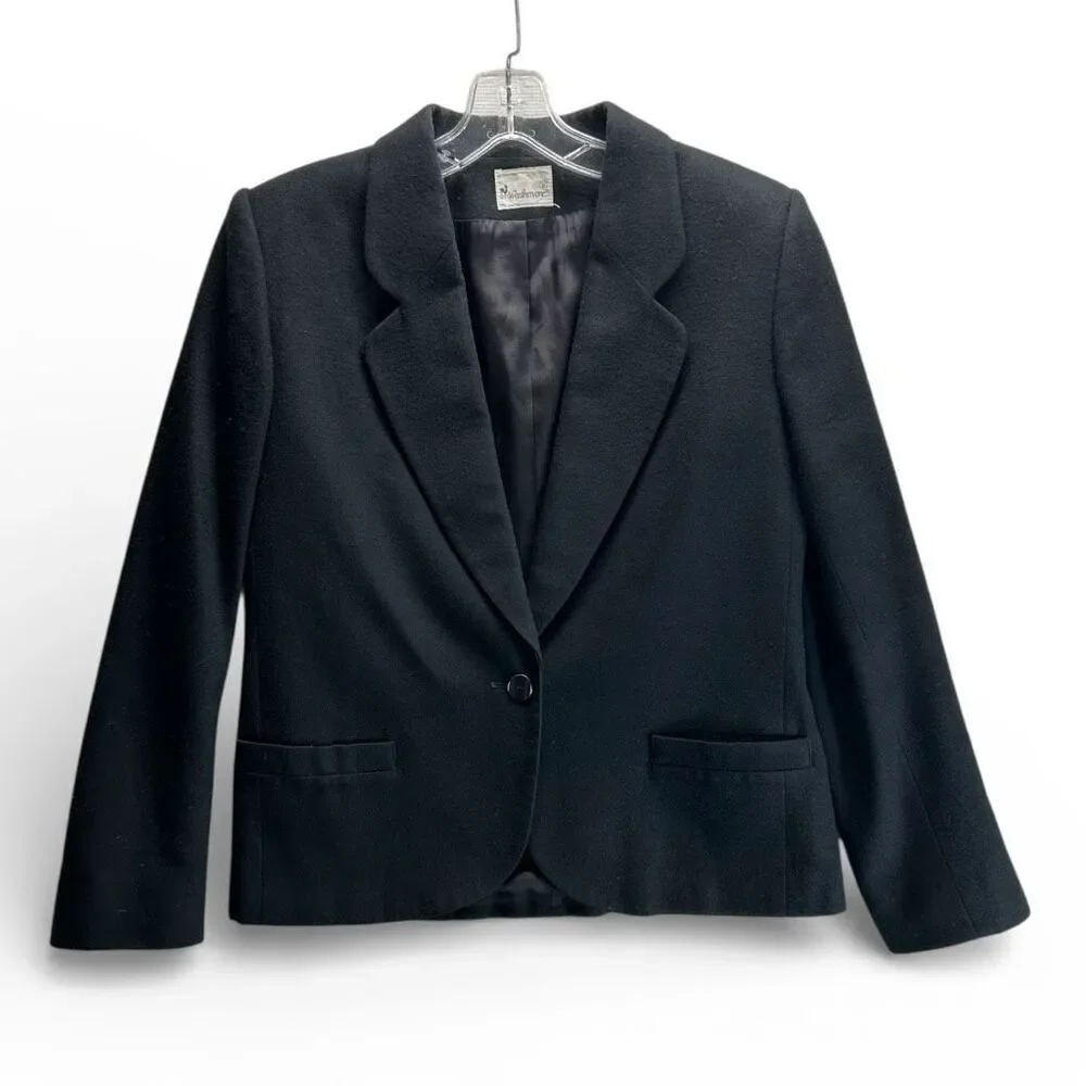Vintage Black Cropped Wool Blazer Minimal Tailored Preppy Academia Classic 8